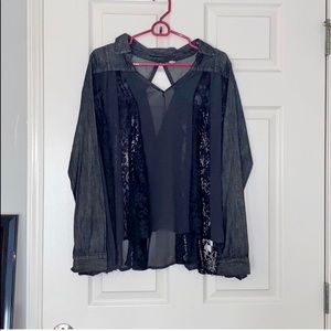Free People denim and lace blouse.